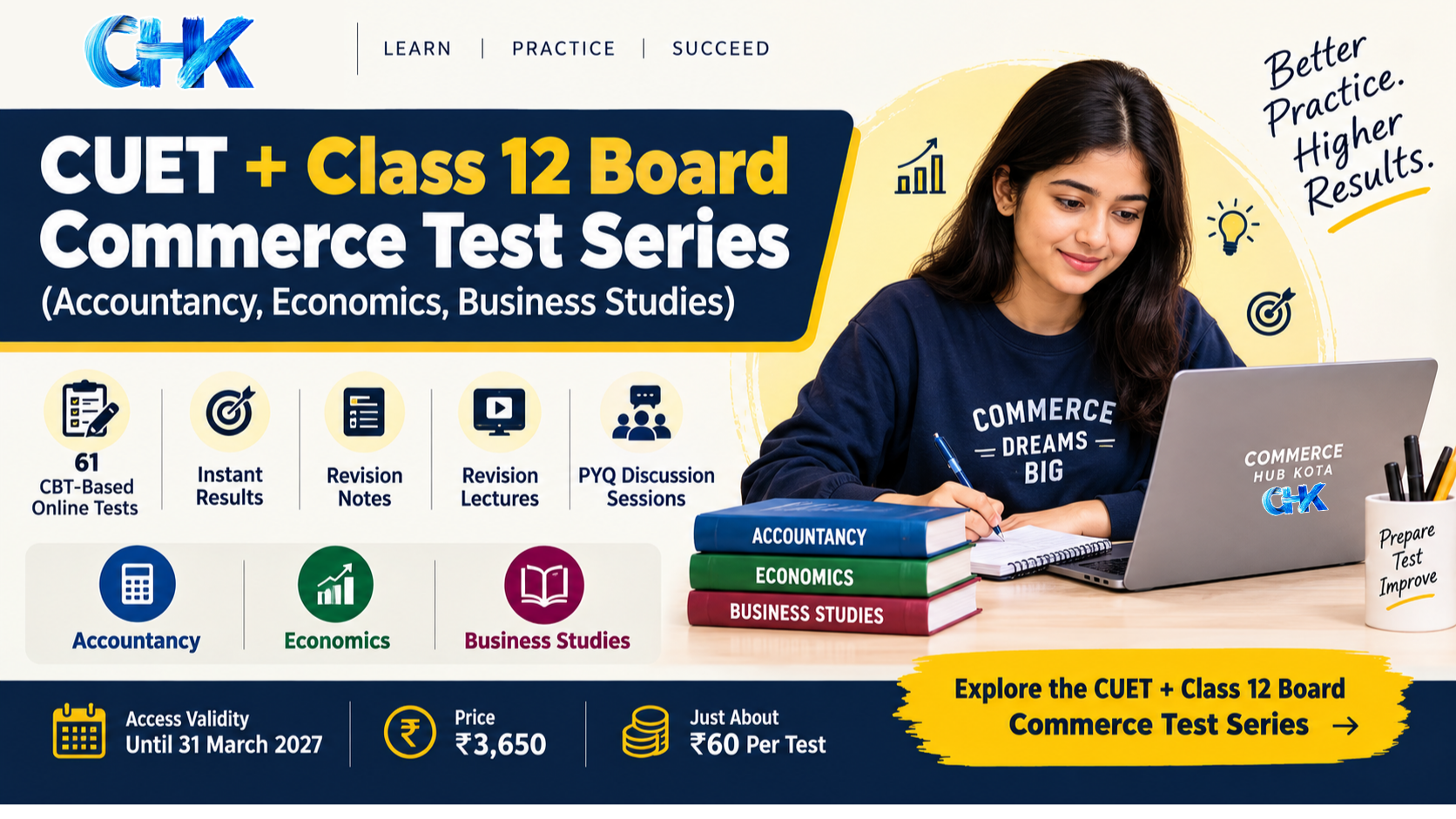 CUET + Class 12 Board Commerce Test Series (Accountancy, Economics, BST)